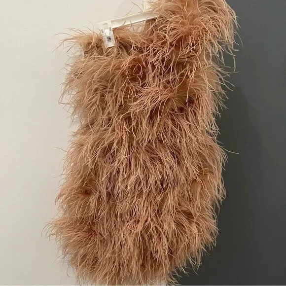 NWT The Bar Tan Andre 100% Ostrich Feather One Shoulder Mini Dress 2